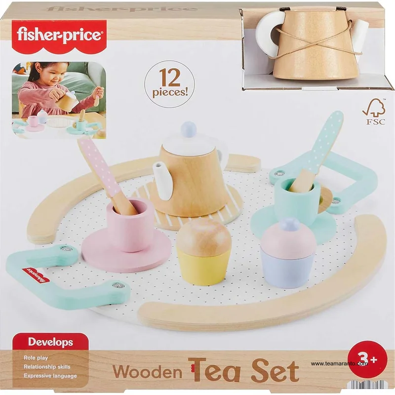 FISHER-PRICE JUEGO DE TÉ DE MADERA, INCLUYE 12 PIEZAS, 3+