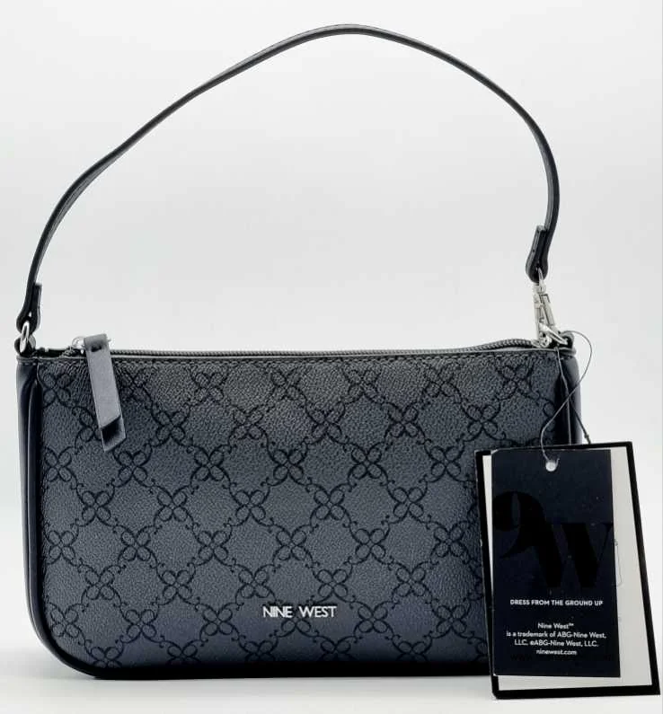 Bolso Baguette Estampado Logotipo Nine West, Original, Color Negro con gris