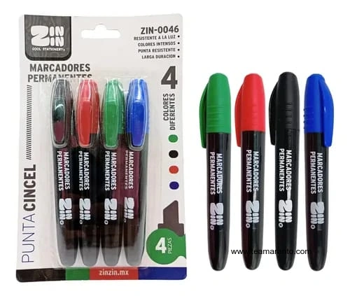 MARCADORES PERMANENTES, 4 PZAS, PUNTA CINCEL ZIN ZIN